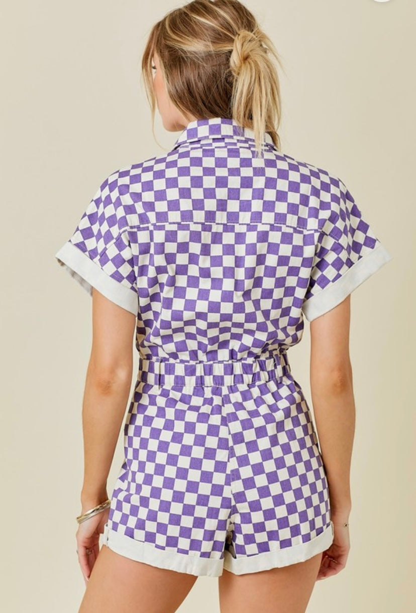 Purple and White Checkered Romper