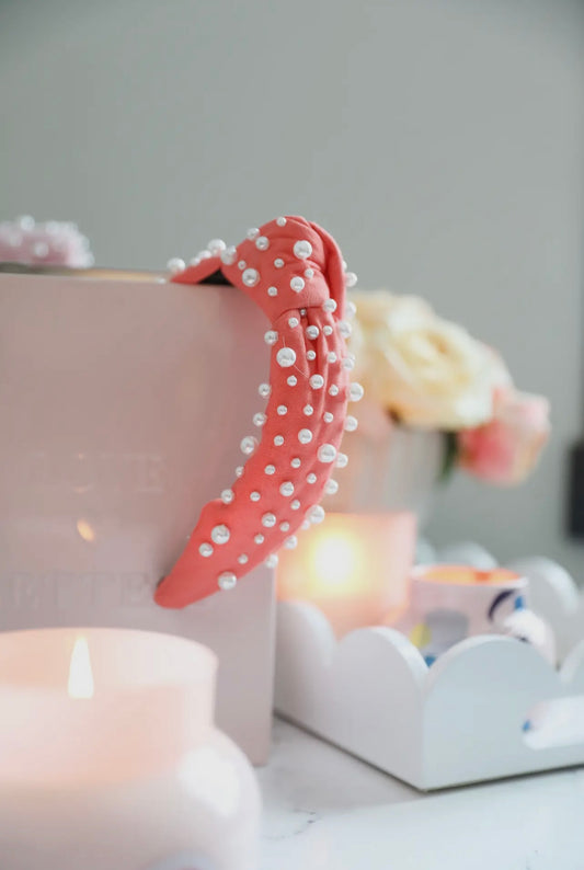 Coral Canvas and Pearl Knotted Headband