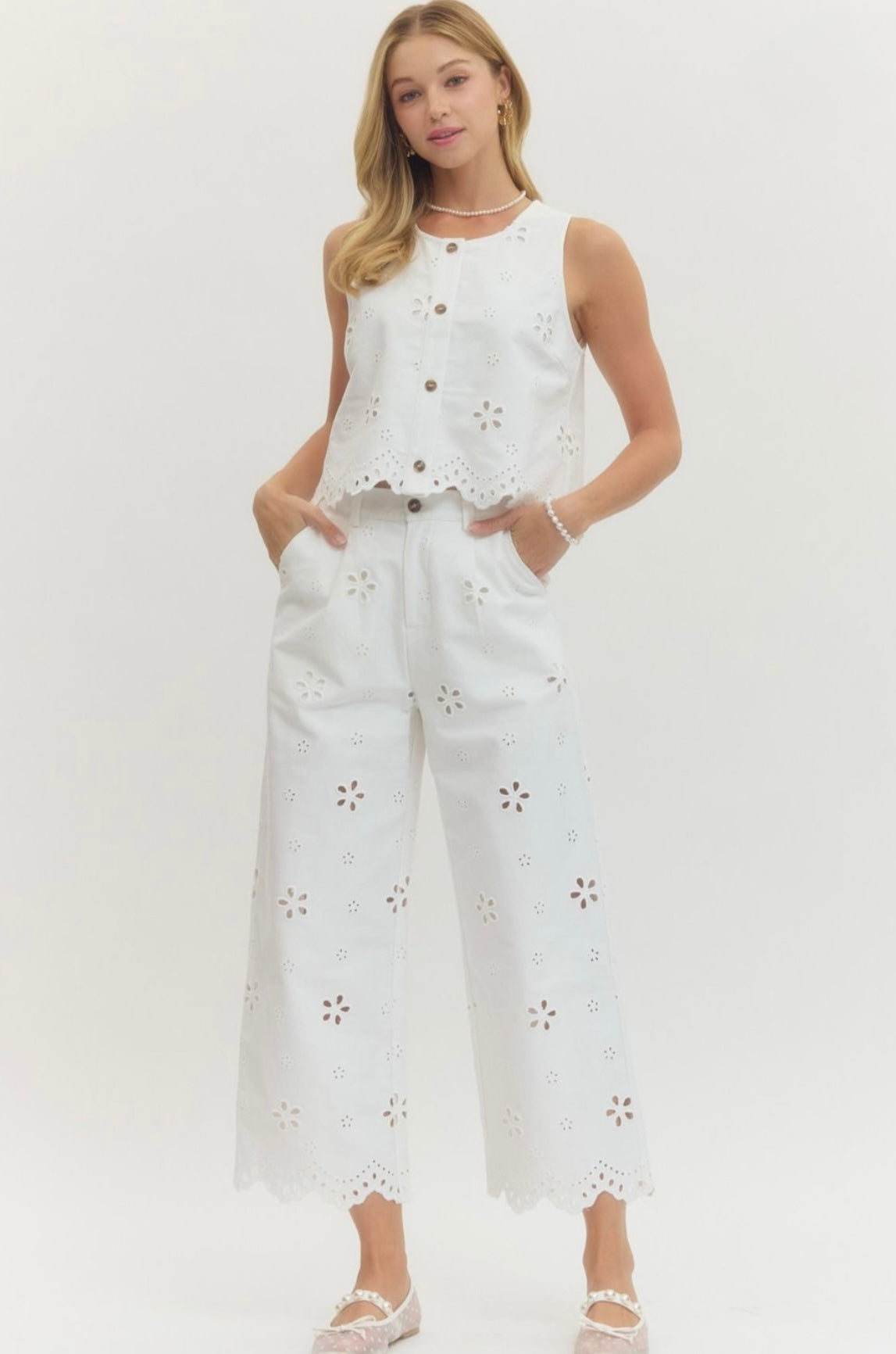 Eyelet Pants Set- White