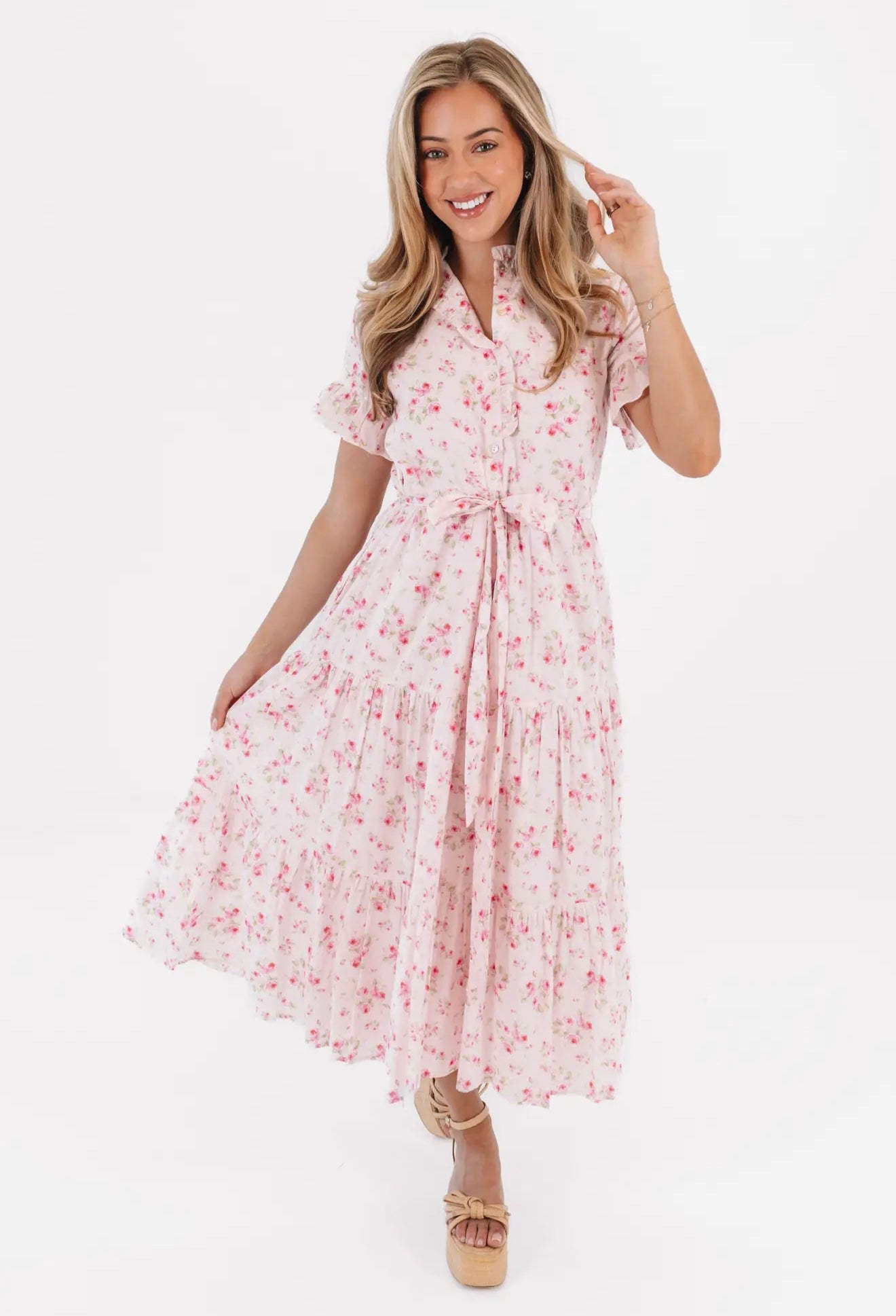 The Ellie Button Up Midi Dress - Pink
Floral Ruffle