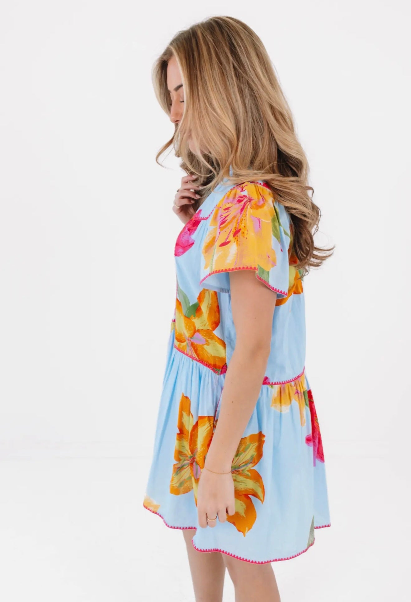The Kiera V-Neck Dress - Blue Pink
Floral Embroidery