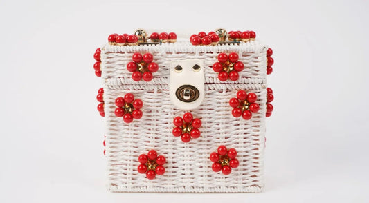 Wicker Bucket Daisy Flower Purse- White Purse+Red Daisy