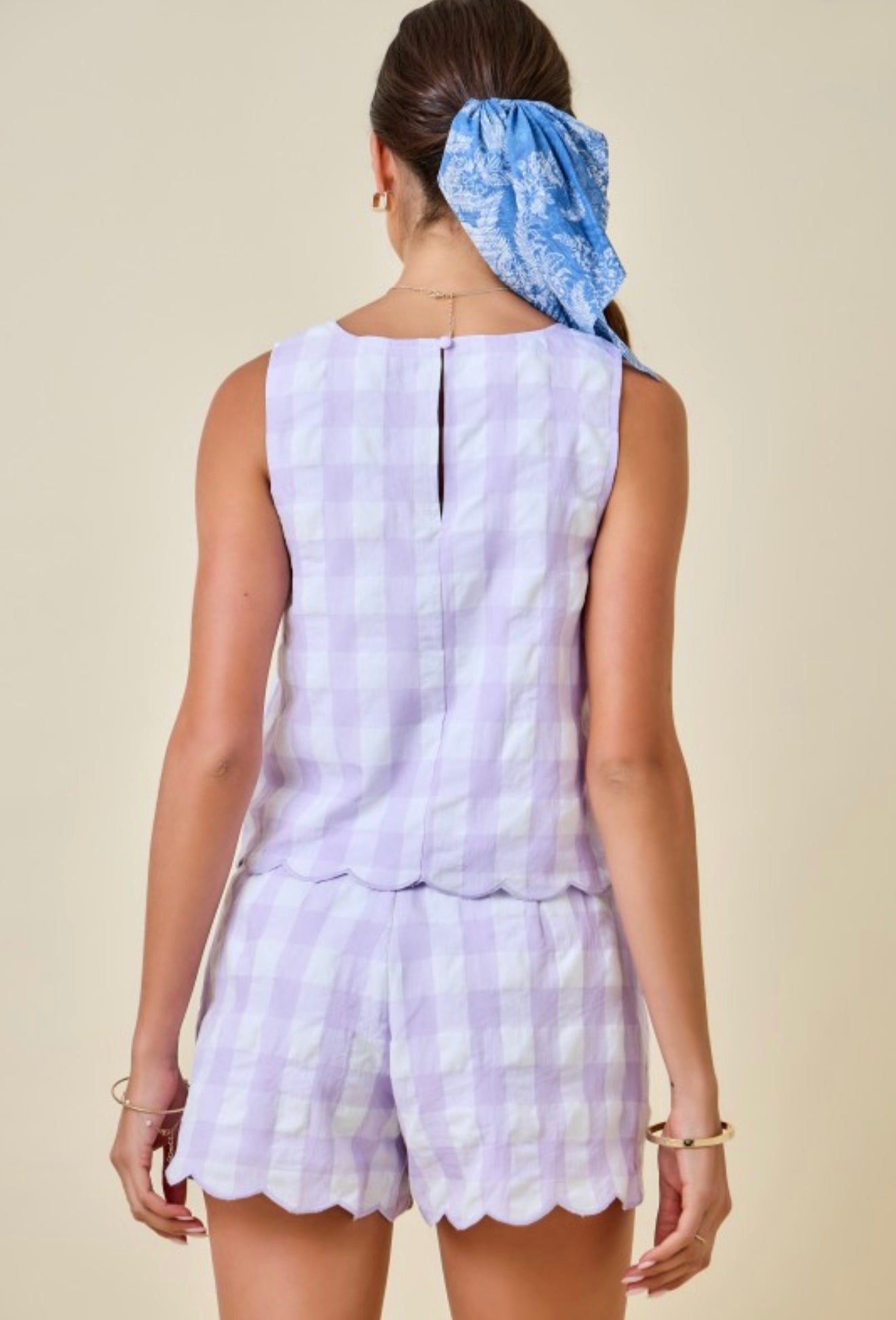 Purple Gingham Scalloped Shorts Set