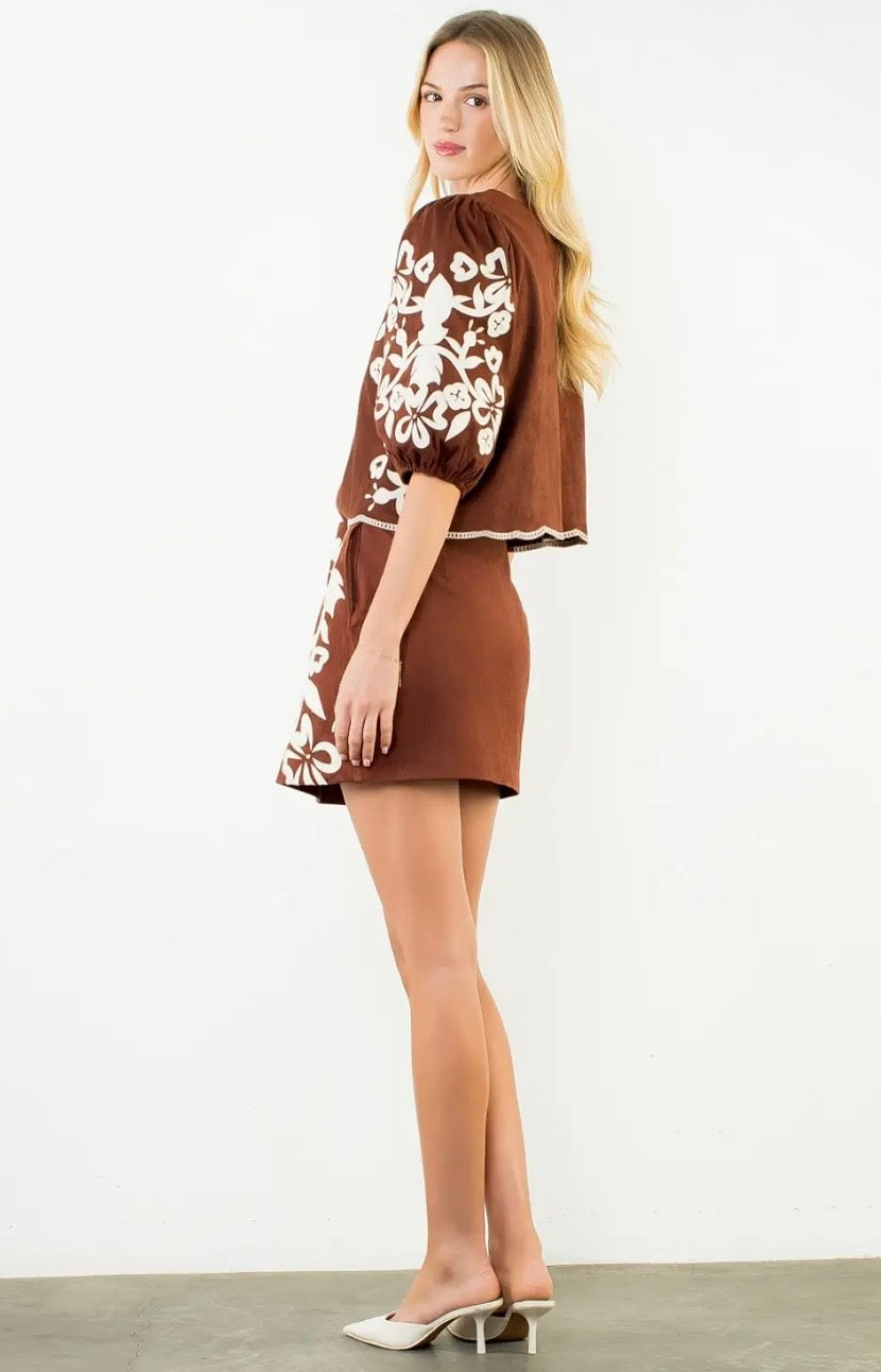 Chocolate Suede Embroidery Top