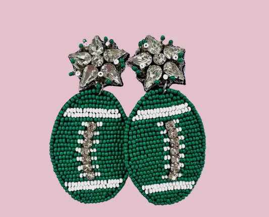 Green and White Football Earrings