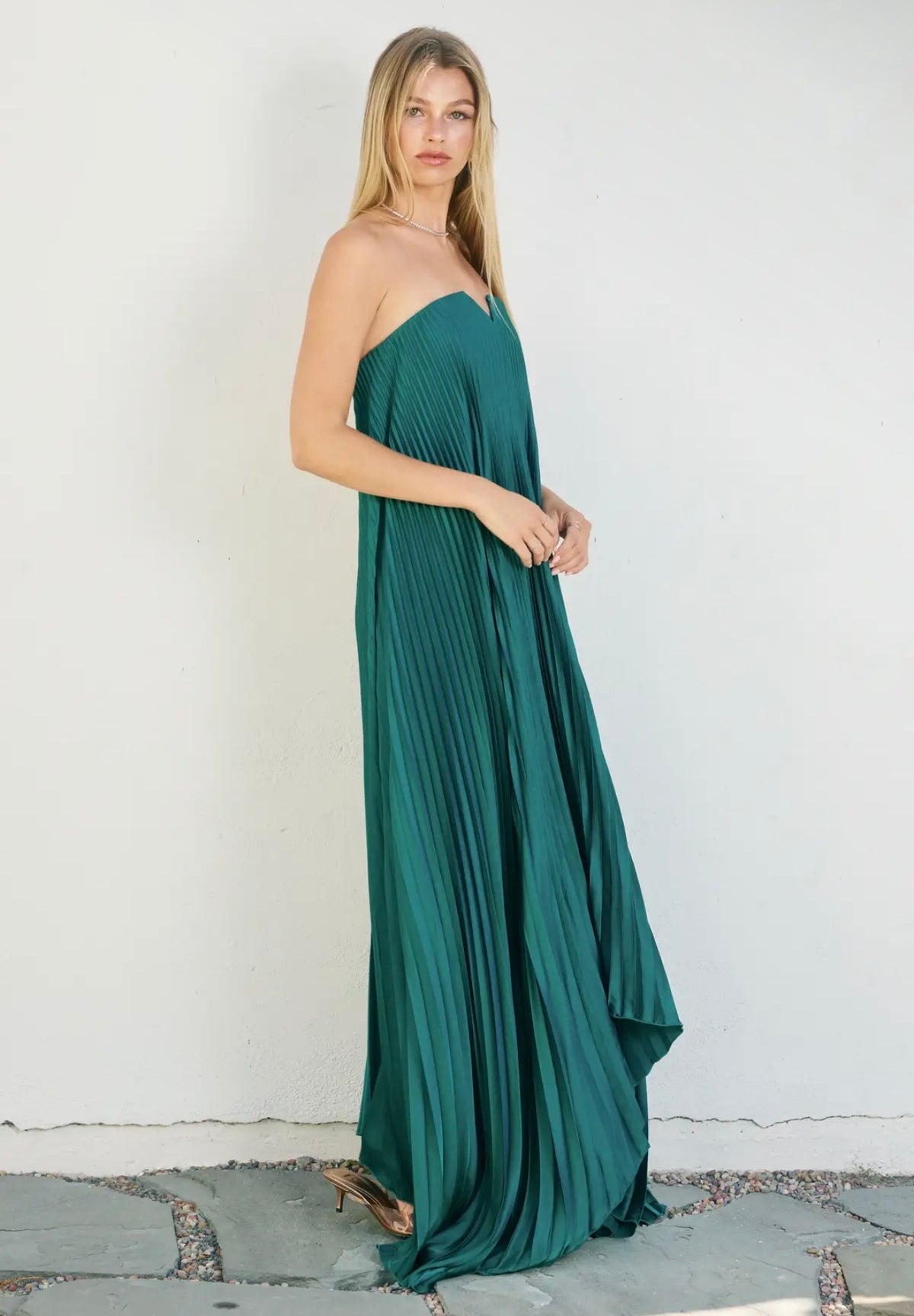 Satin Strapless Pleated Maxi Dress- Emerald