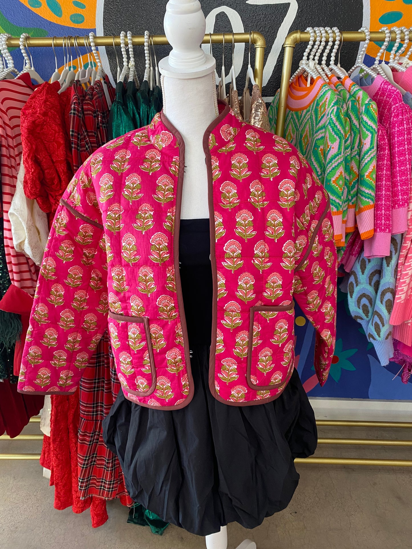 Magenta Floral Quilted Puffer Jacket