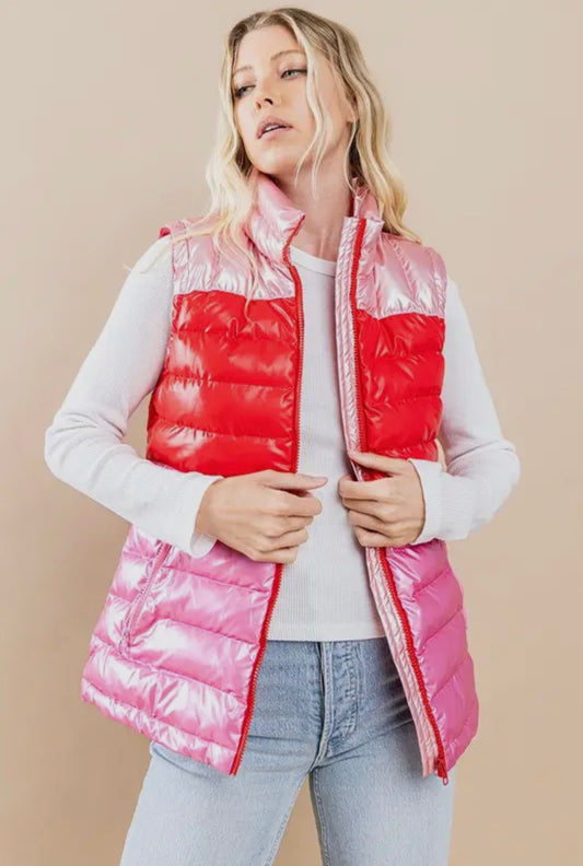 Metallic Pink Colorblock Puffer Vest
