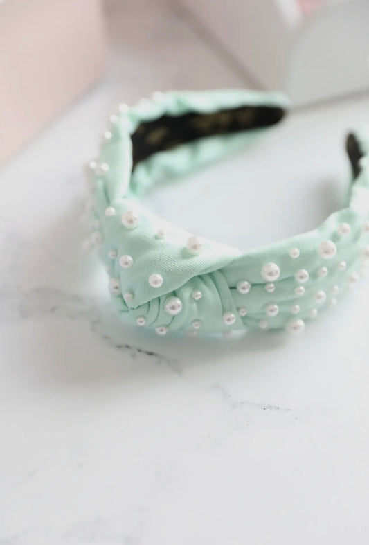 Mint Canvas and Pearl Knotted Headband
