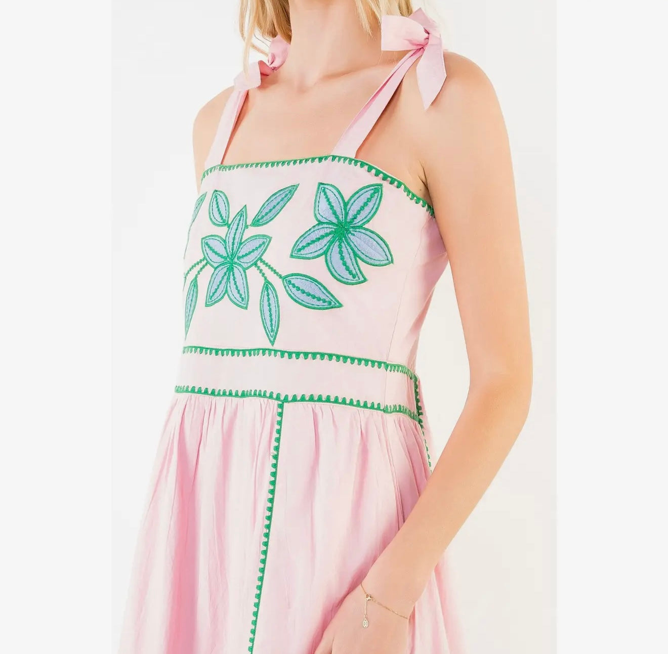 Embroidered Tie Strap Midi Dress