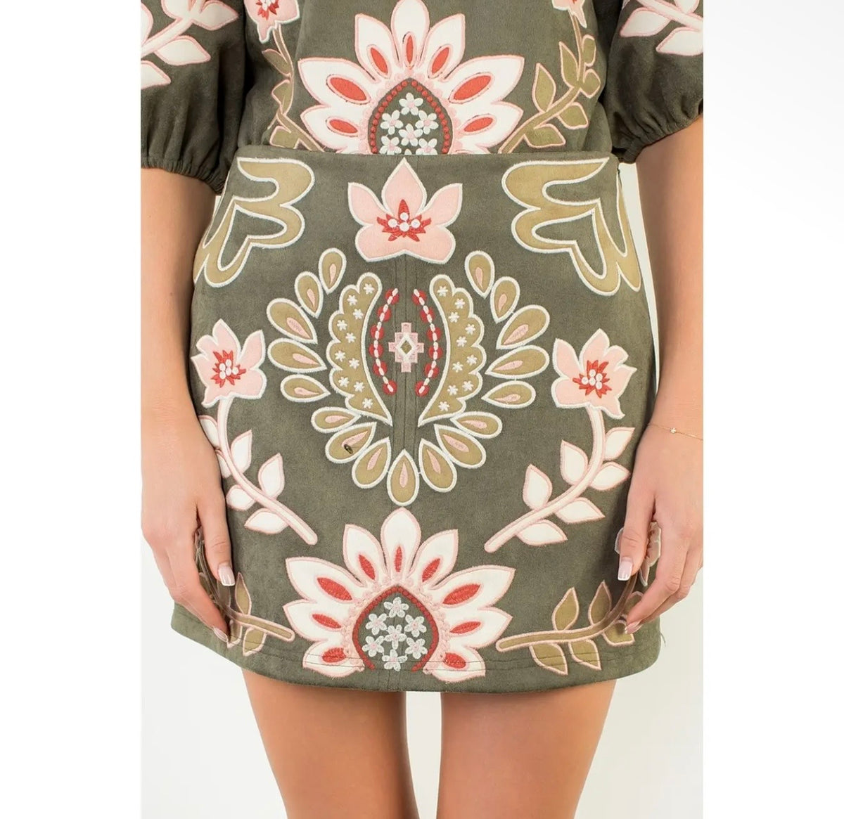 Olive Suede Embroidered Skirt