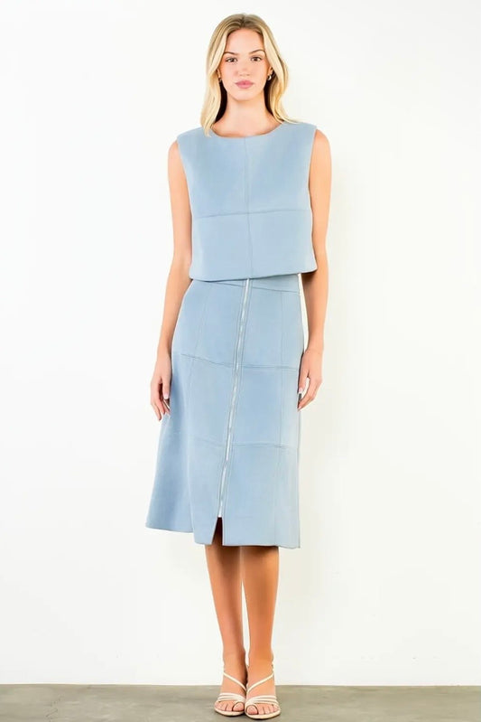 Ice Blue Suede Midi Skirt Set