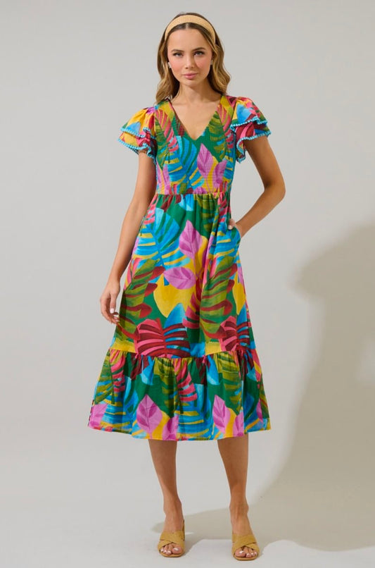 Novi Tropical Patte Tiered Midi Dress