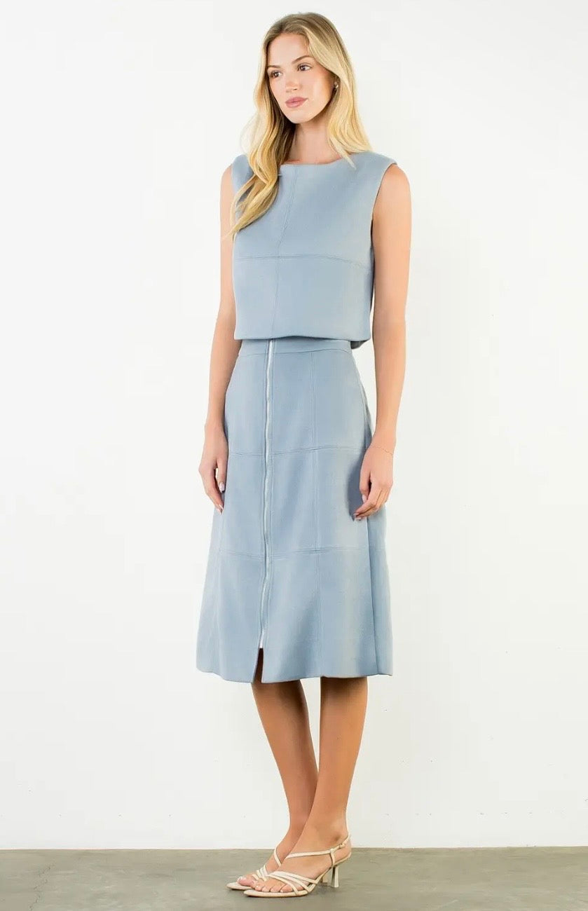 Ice Blue Suede Midi Skirt Set
