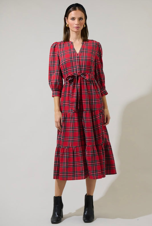 Boswell Tartan Plaid Button Up Midi Dress