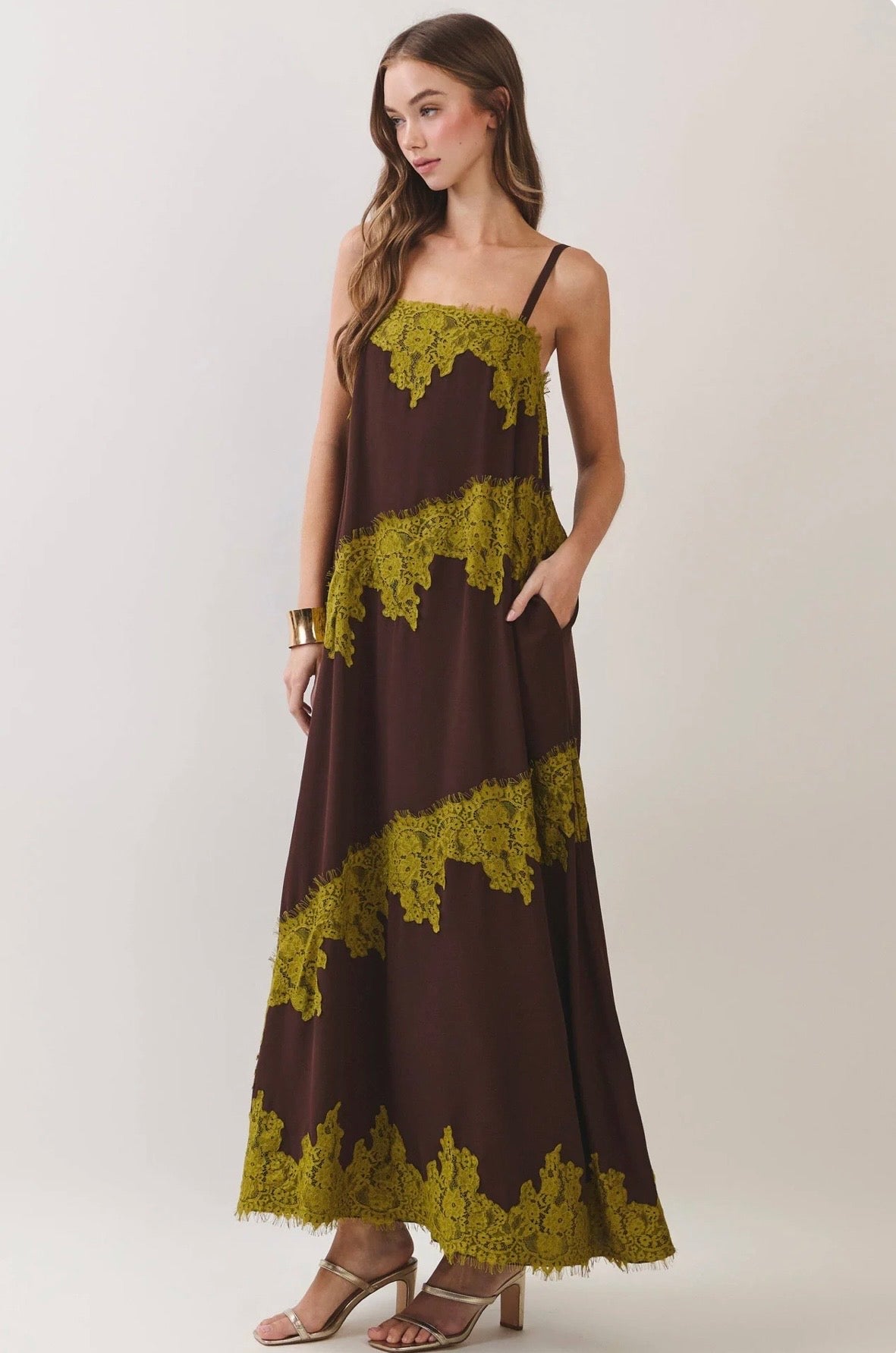 Lace Contrast Maxi Dress- Chocolate
