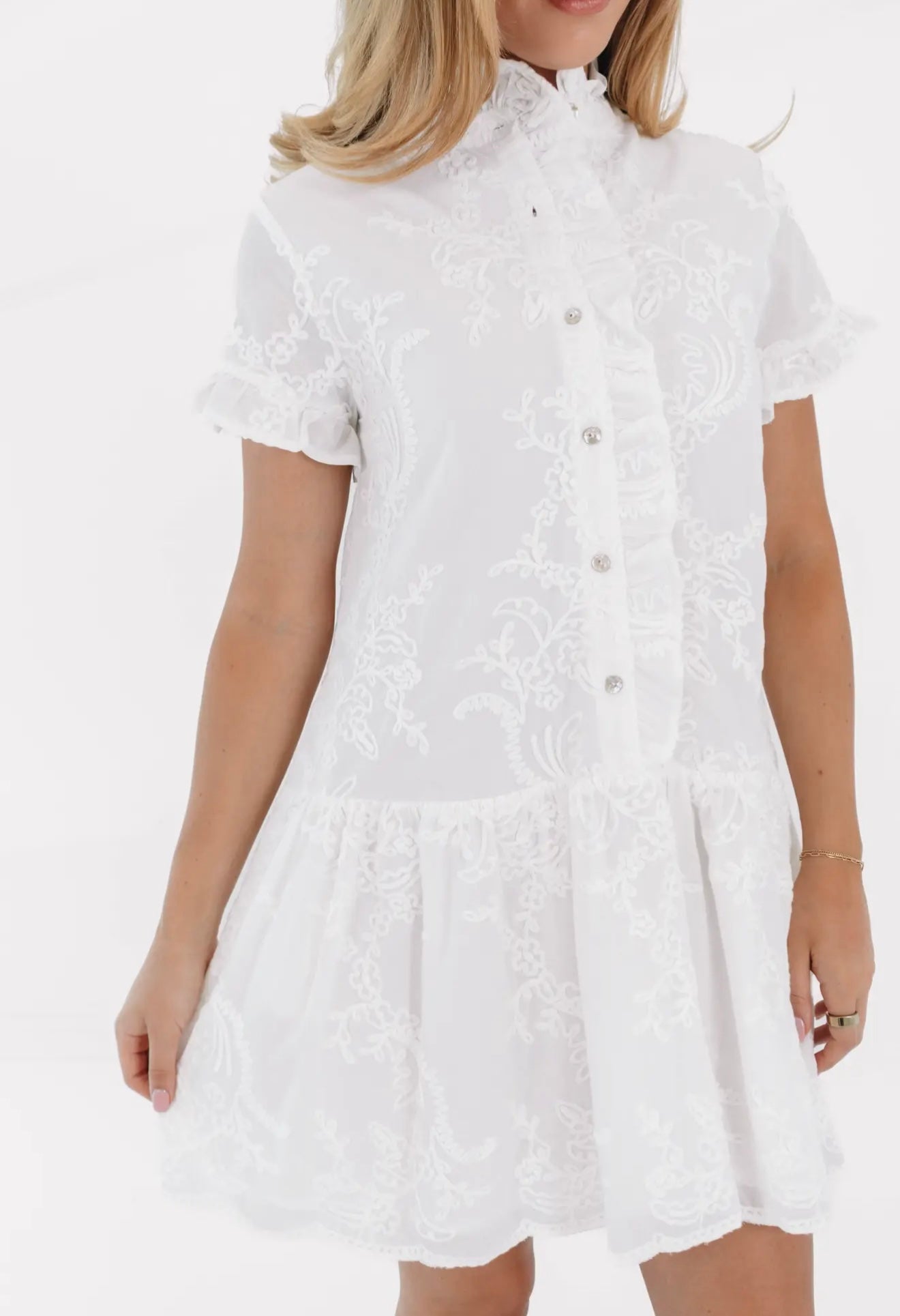 The Bailee Button Up Dress - White
Ruffle Embroidery
