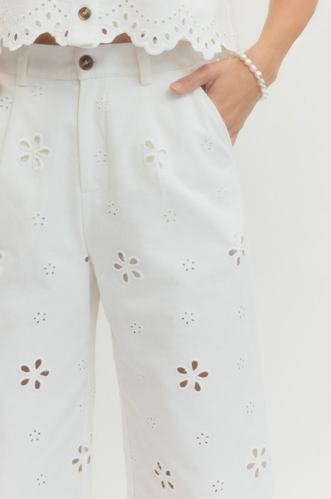 Eyelet Pants Set- White