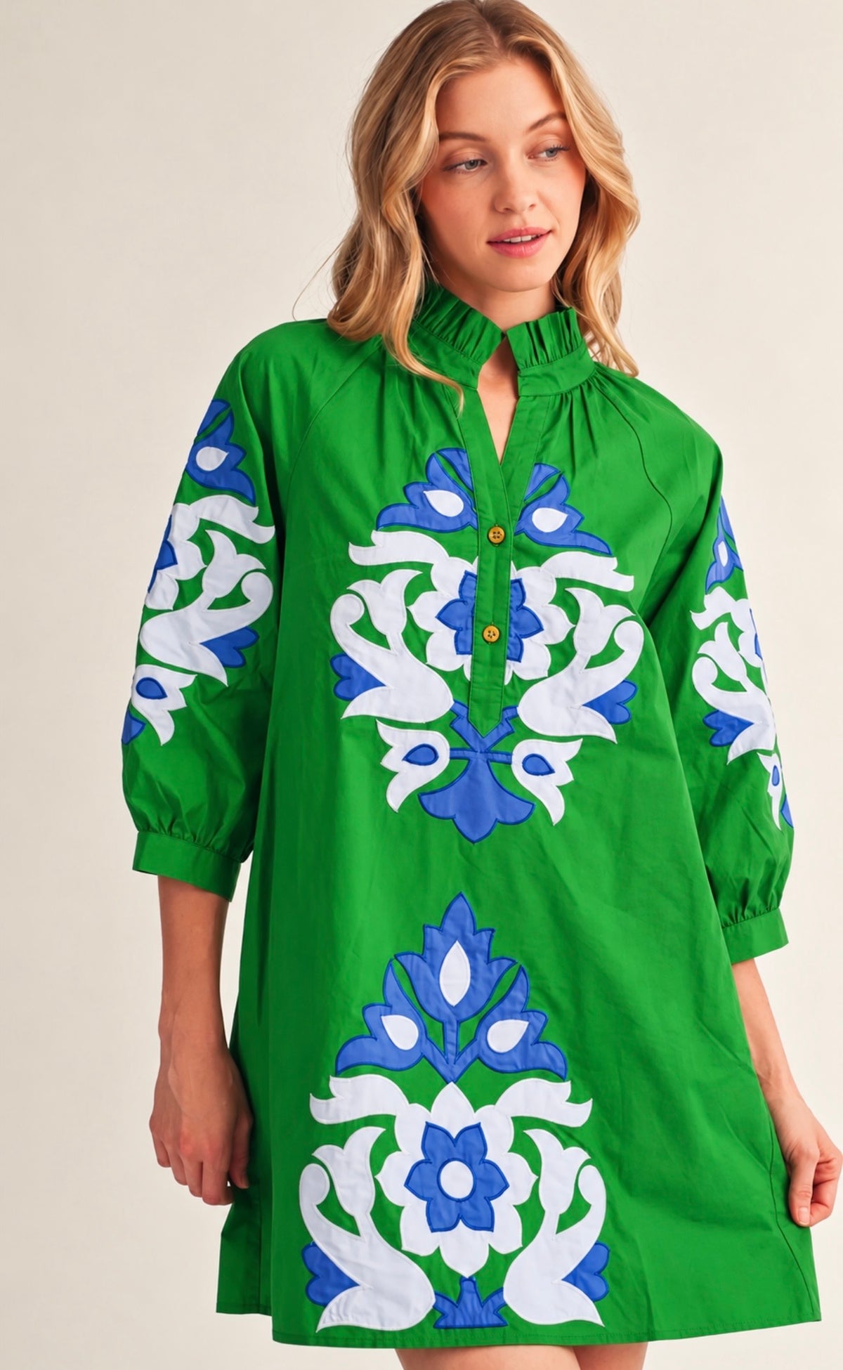 Baroque Embroidered Dress- Blue/Green
