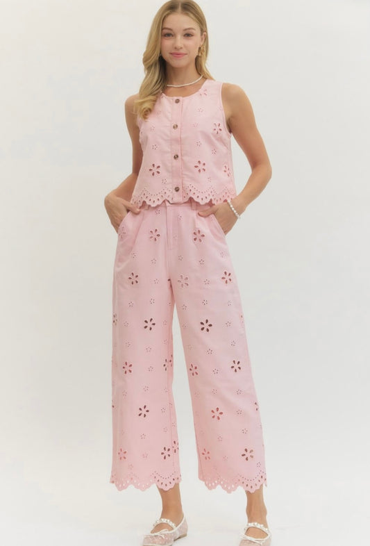 Eyelet Pants Set- Pink