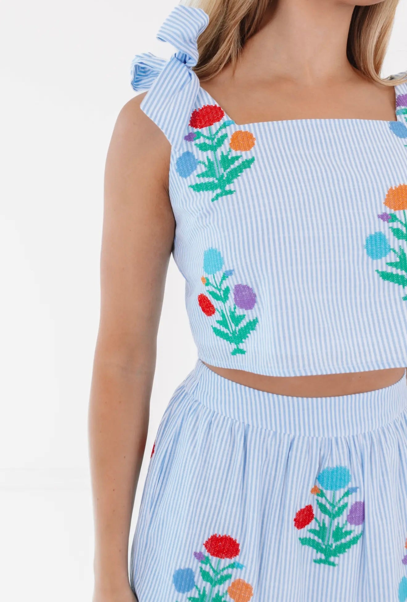 The Samson Midi Skirt Set - Blue & White
Stripe Embroidery