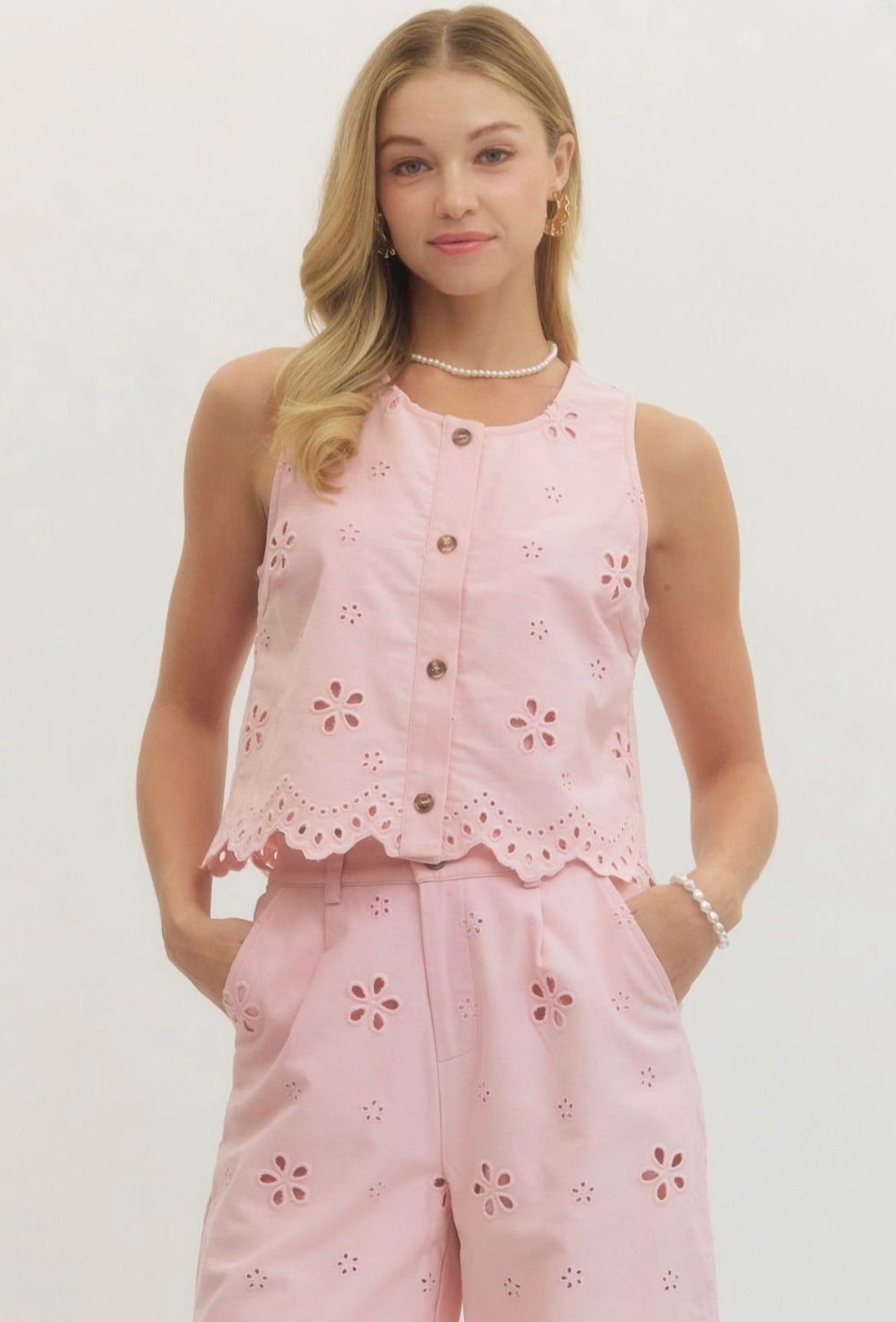 Eyelet Pants Set- Pink