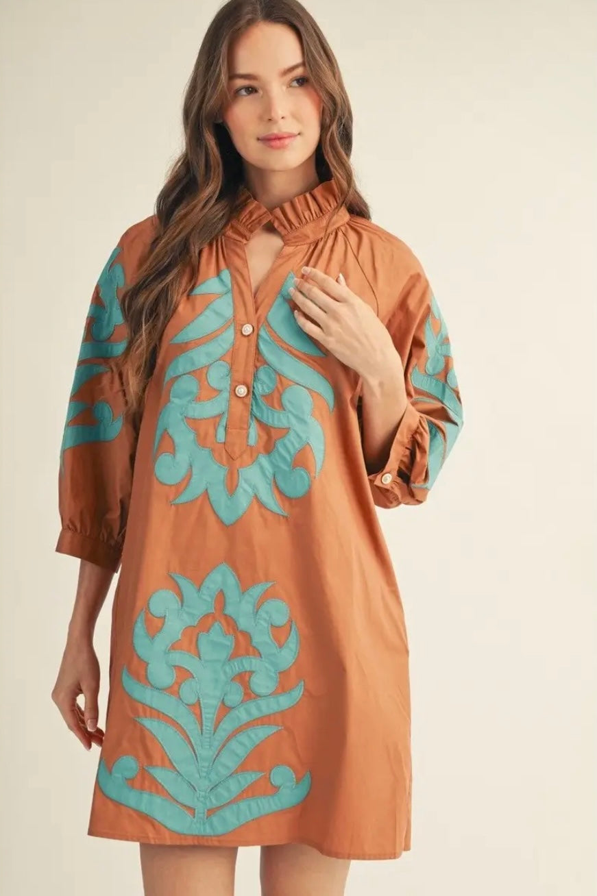Embroidered Baroque Dress- Toffee/Turquoise