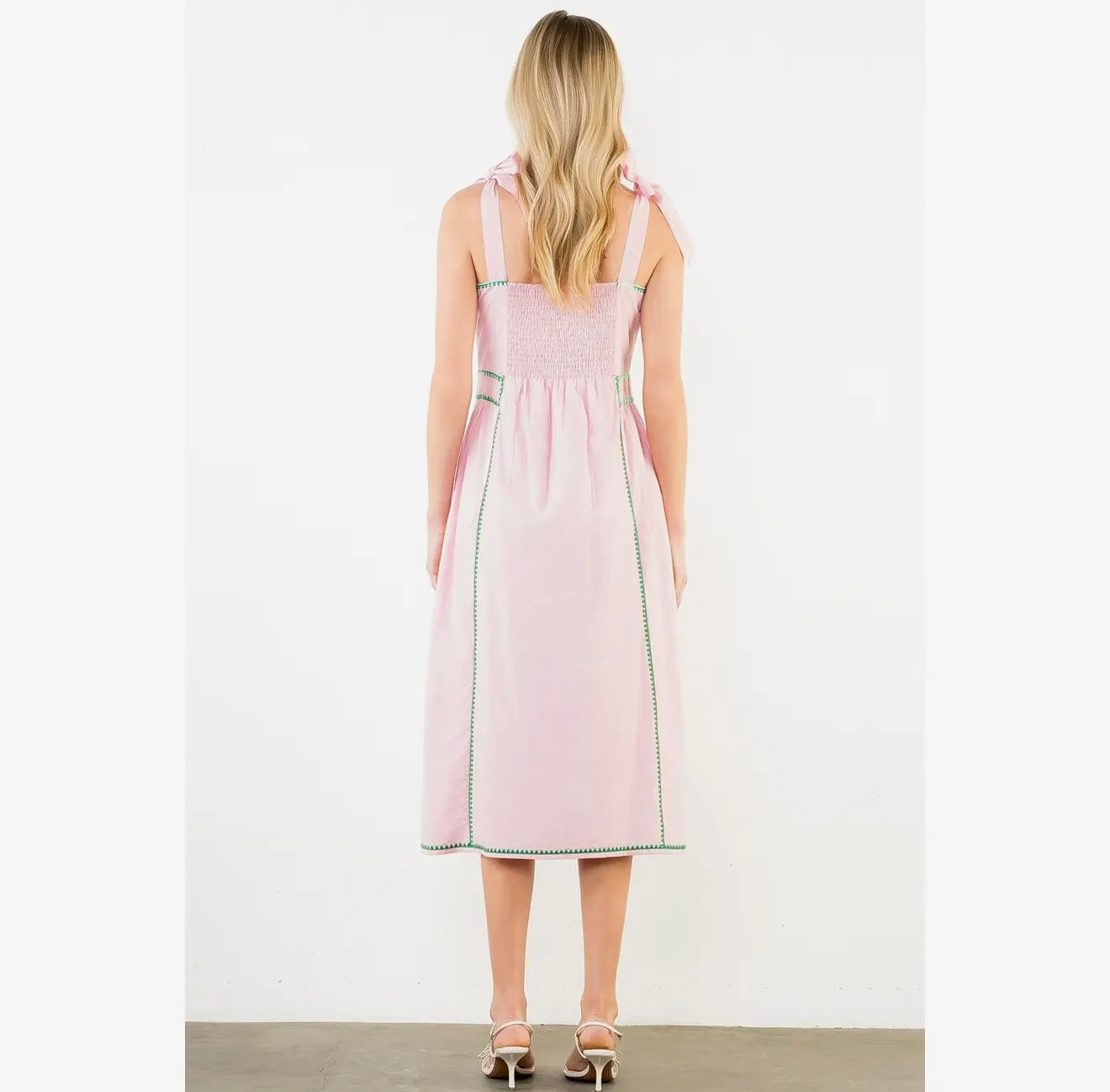 Embroidered Tie Strap Midi Dress