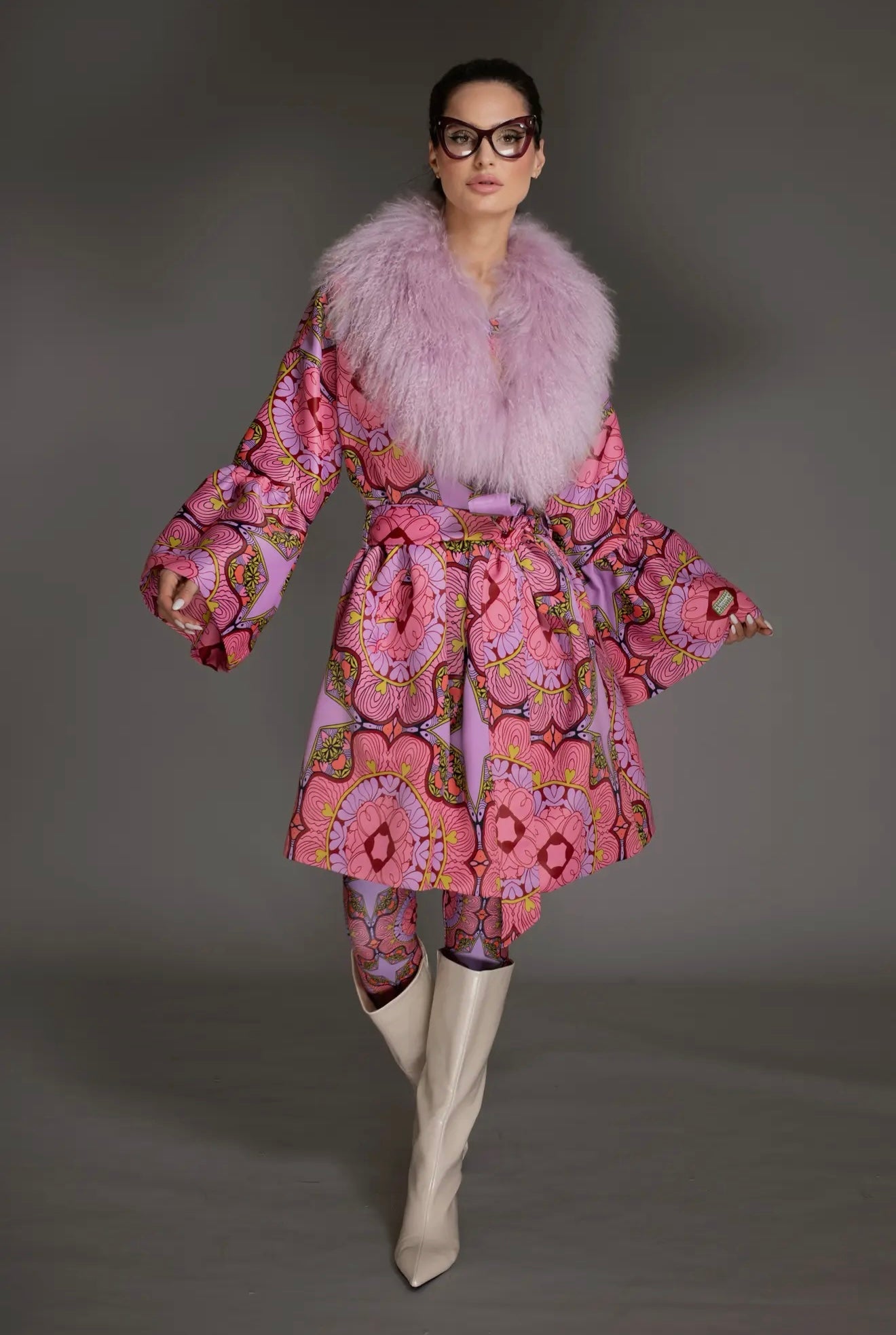 Pink Wool Coat with Sheared Mongolian
Fur Collar- PRE ORDER