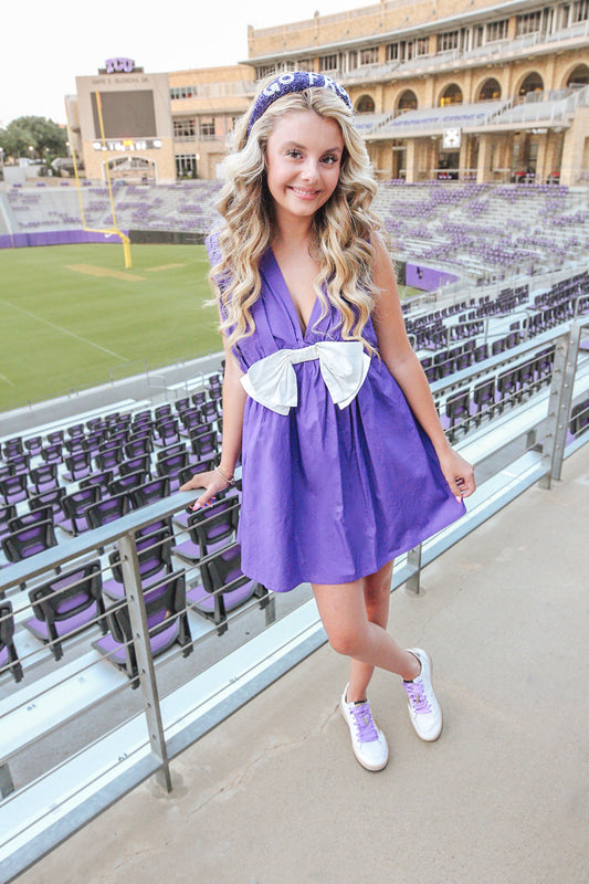 Purple and White Bow Romper Dress