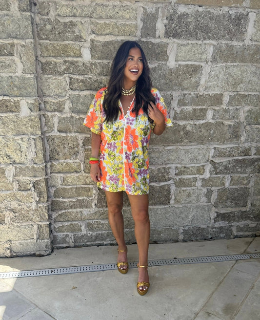 Connie Aruba Yellow & Orange Floral
Sequin Mini Dress