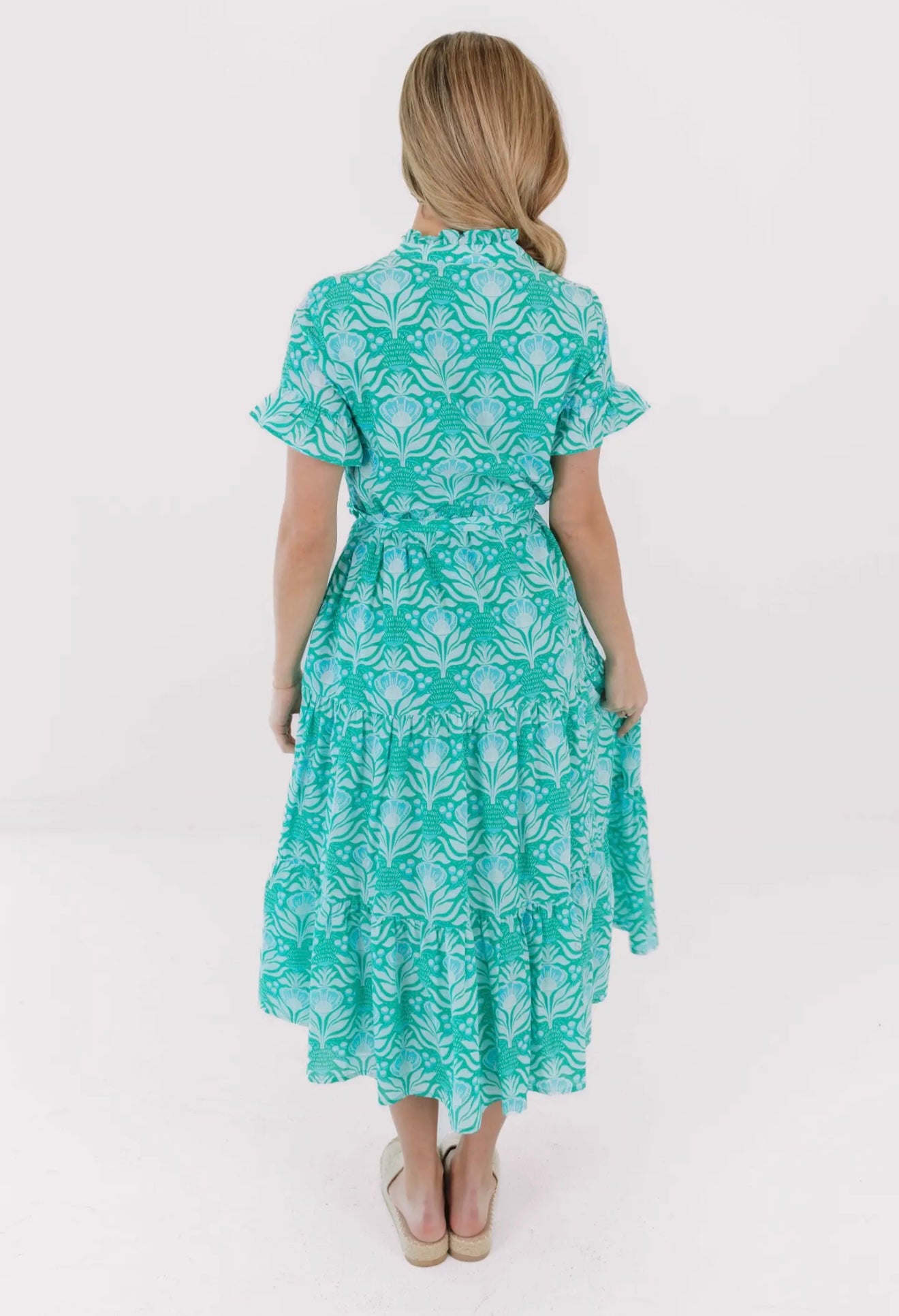 The Mayci Button Up Midi Dress - Turquoise Floral