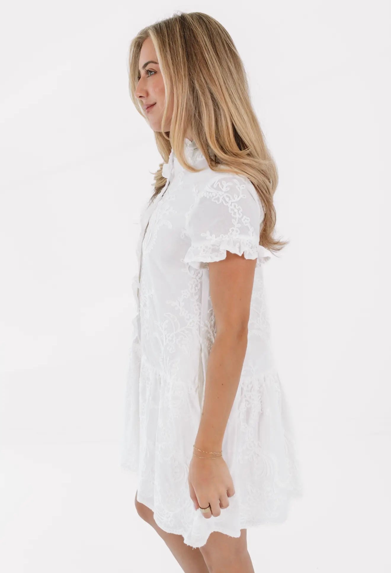 The Bailee Button Up Dress - White
Ruffle Embroidery