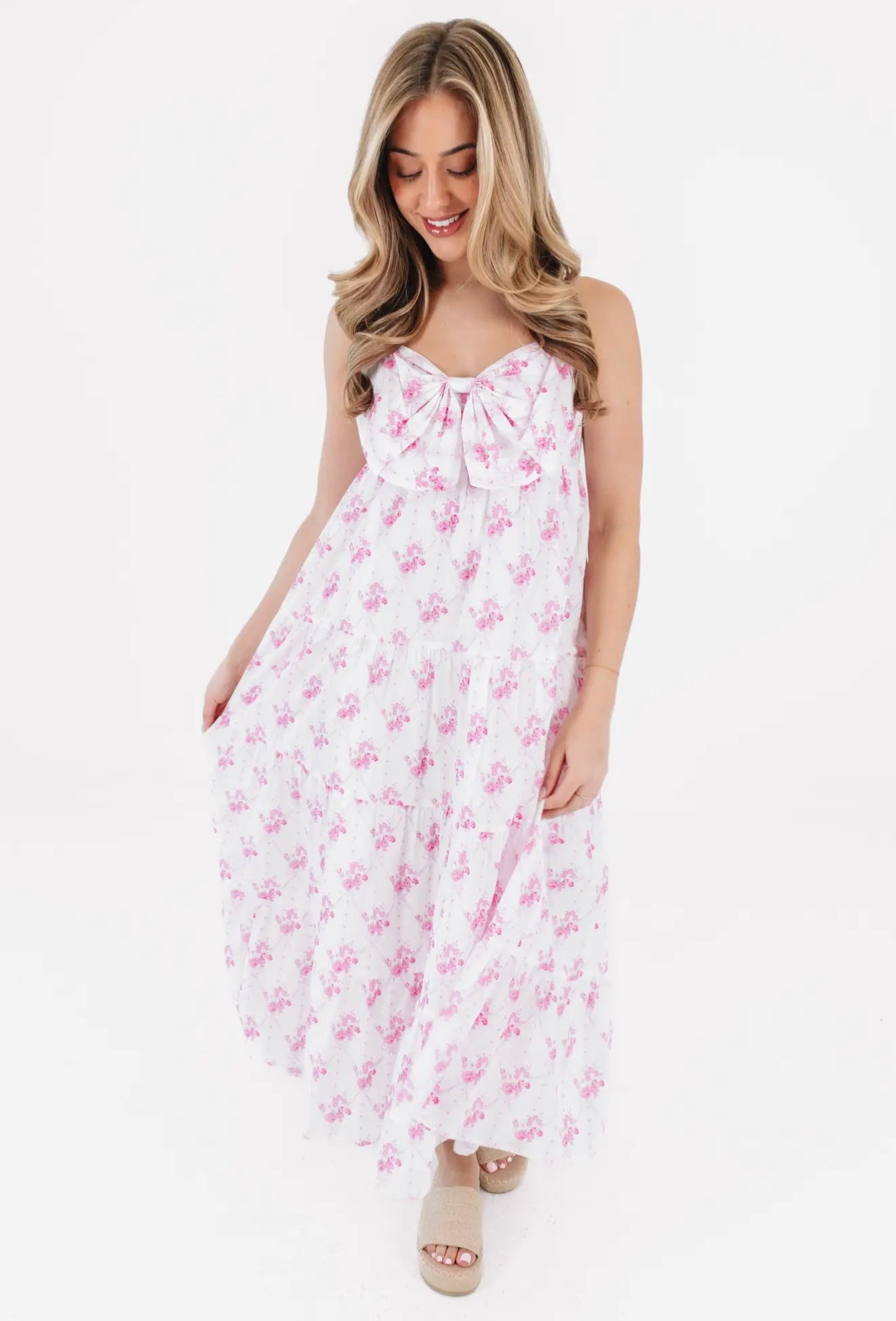 The Hallie Bow Midi Dress - Pink Floral
A-Line