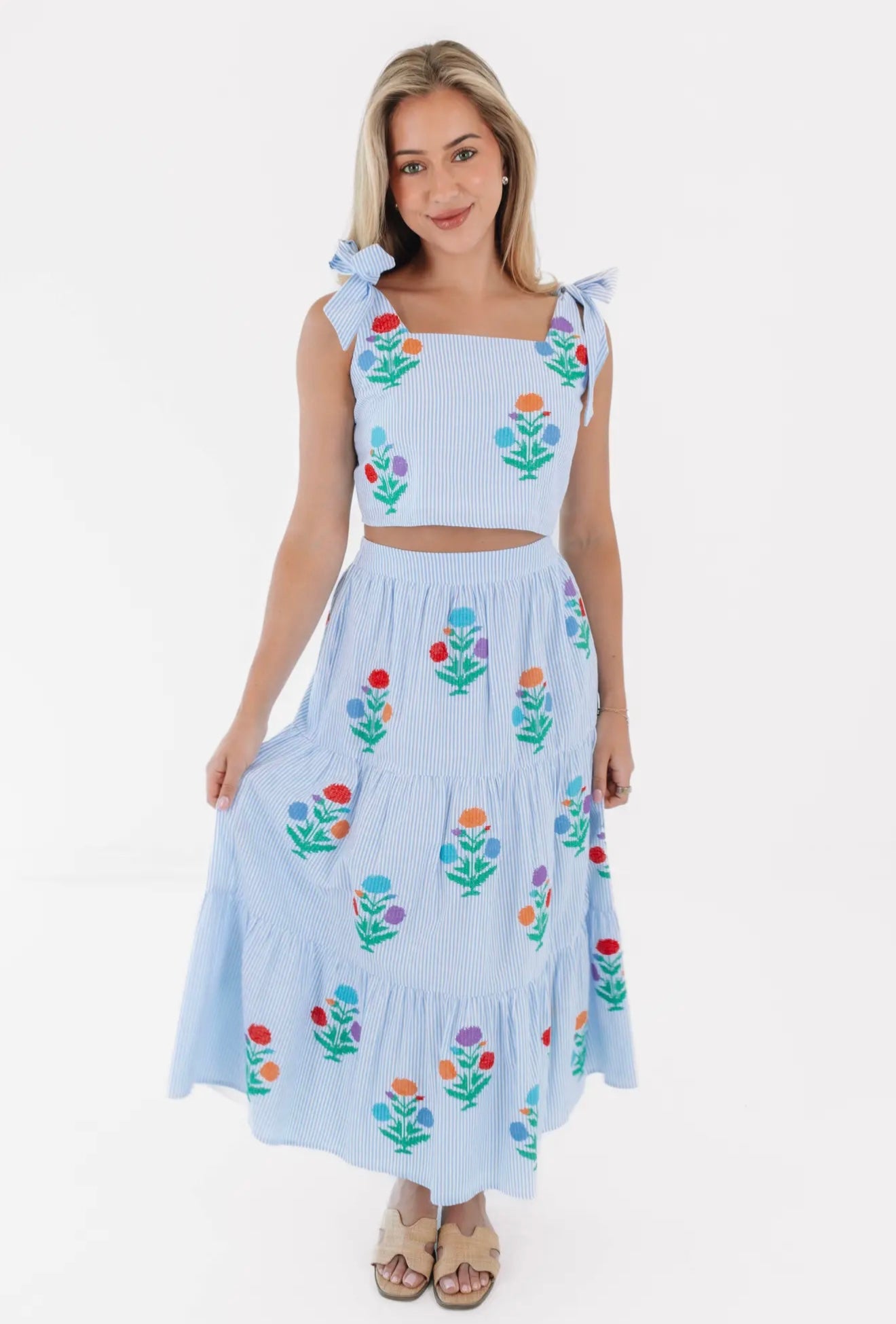 The Samson Midi Skirt Set - Blue & White
Stripe Embroidery