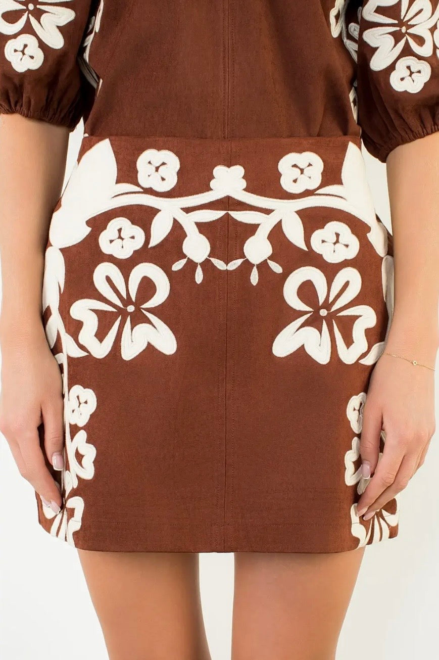 Chocolate Suede Embroidered Skirt