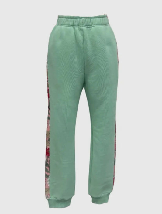 Floral Striped Fleece Lined Sweatpants- Mint