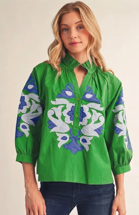 Baroque Embroidered Top- Blue/Green
