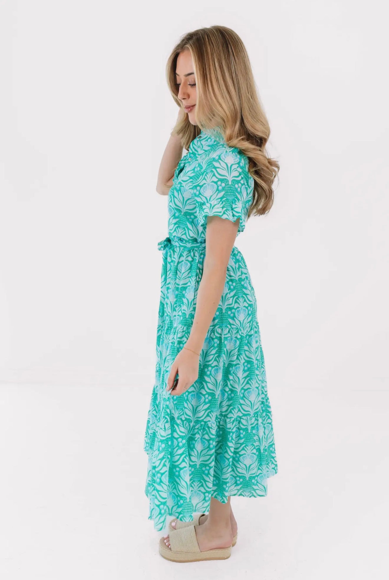 The Mayci Button Up Midi Dress - Turquoise Floral