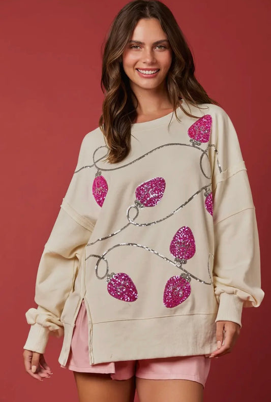 Cream and Pink Sequin Lights Sweater