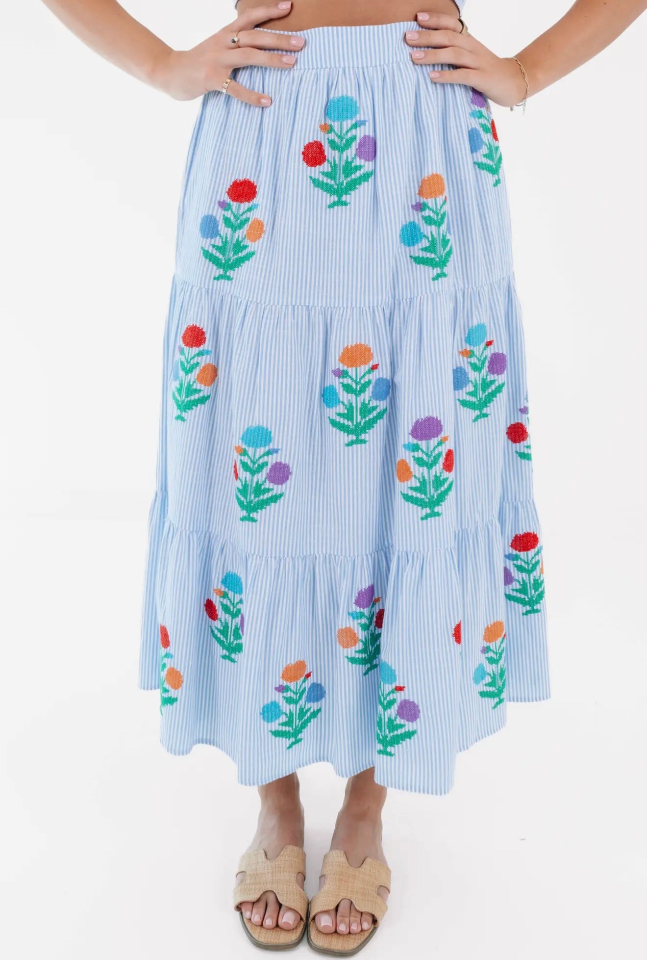The Samson Midi Skirt Set - Blue & White
Stripe Embroidery