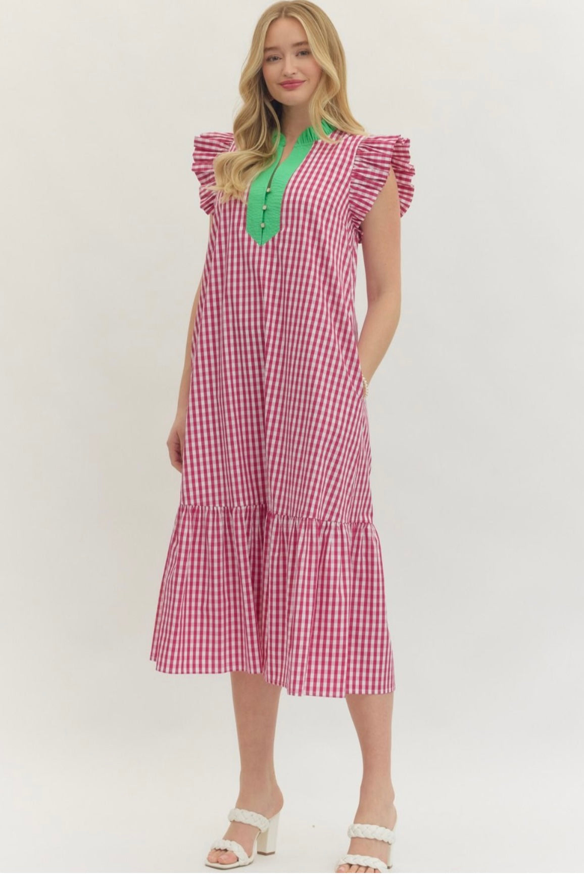 Hot Pink and Green Gingham Midi Dress