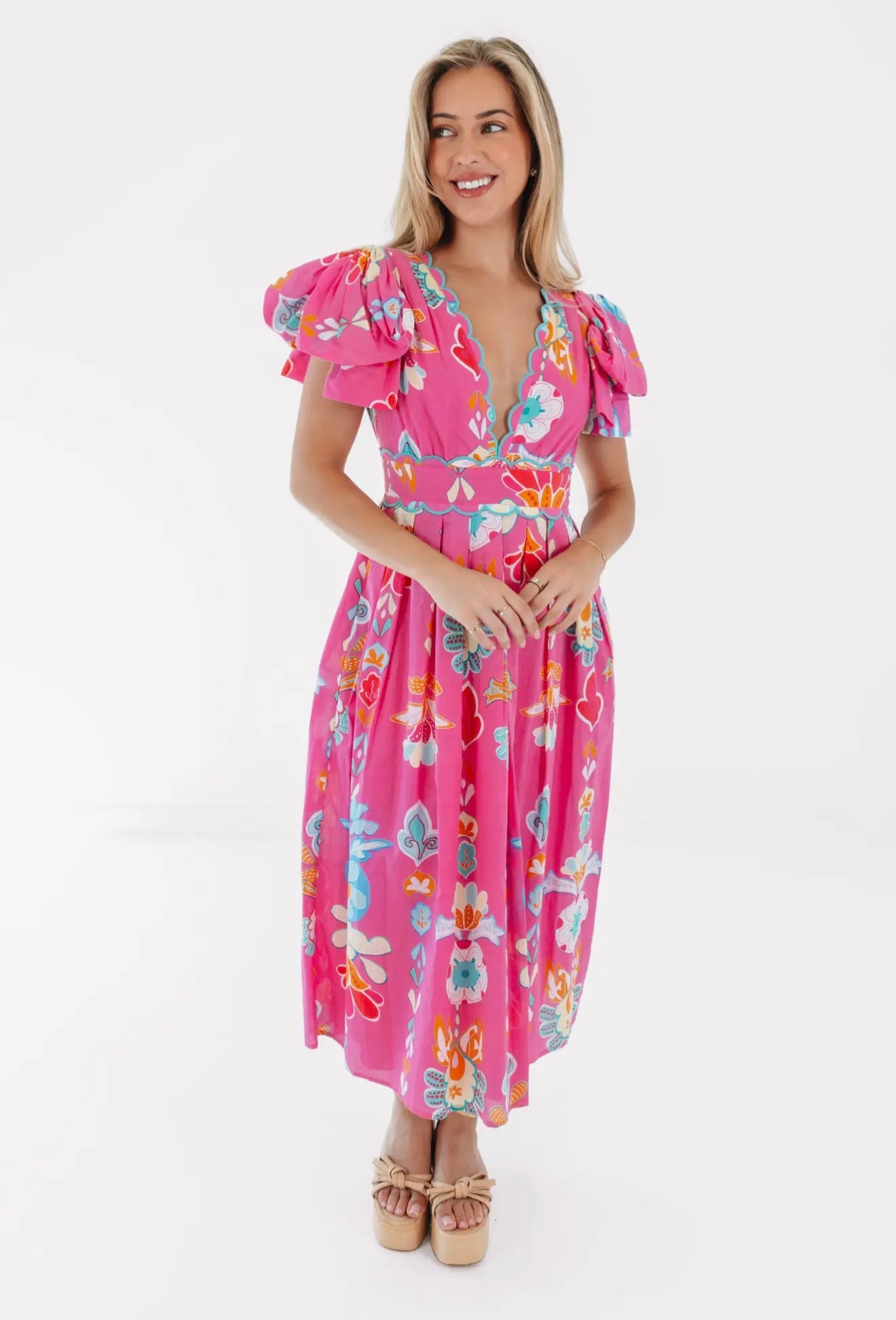 The Sailor Bow Sleeve Midi Dress - Pink Fit
& Flare