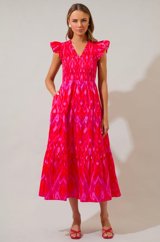 Blevin Ikat Sunfire Smocked
Bodice Tiered Midi Dress