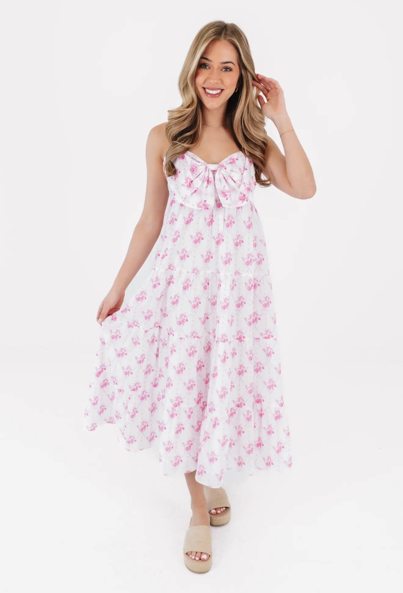 The Hallie Bow Midi Dress - Pink Floral
A-Line