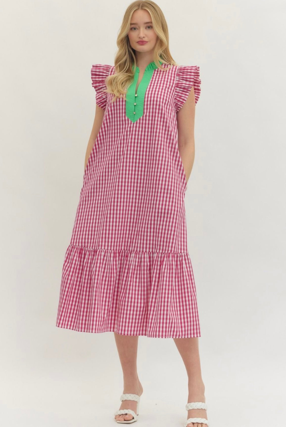 Hot Pink and Green Gingham Midi Dress