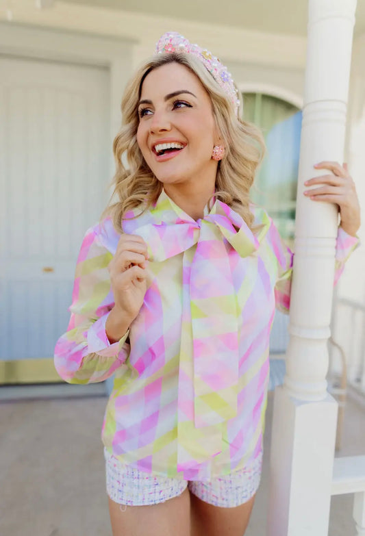 Pastel Geometric Button Down Blouse with Bow