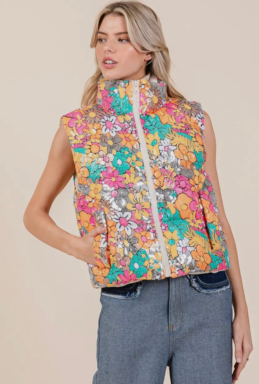 Floral Sequin Puffer Vest