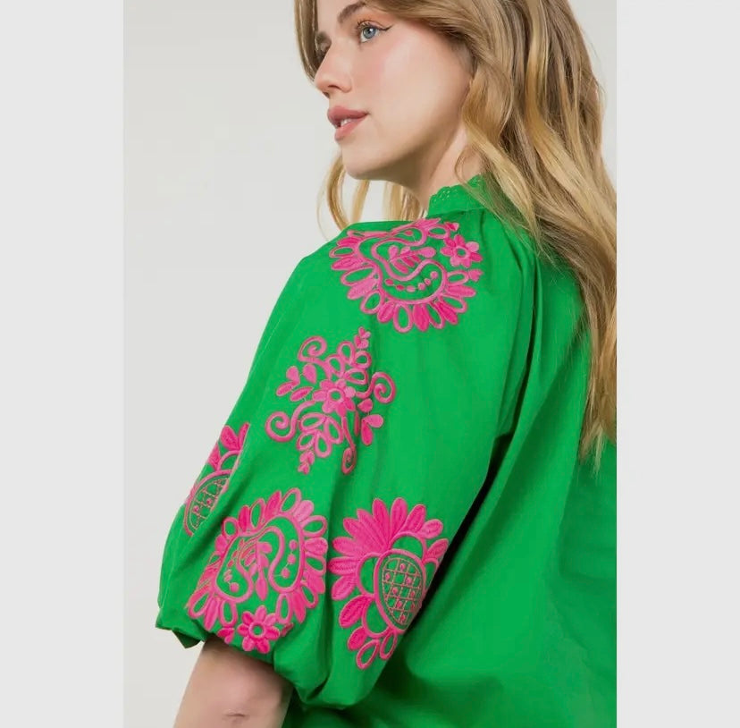 Embroider Me Pink-Green Top