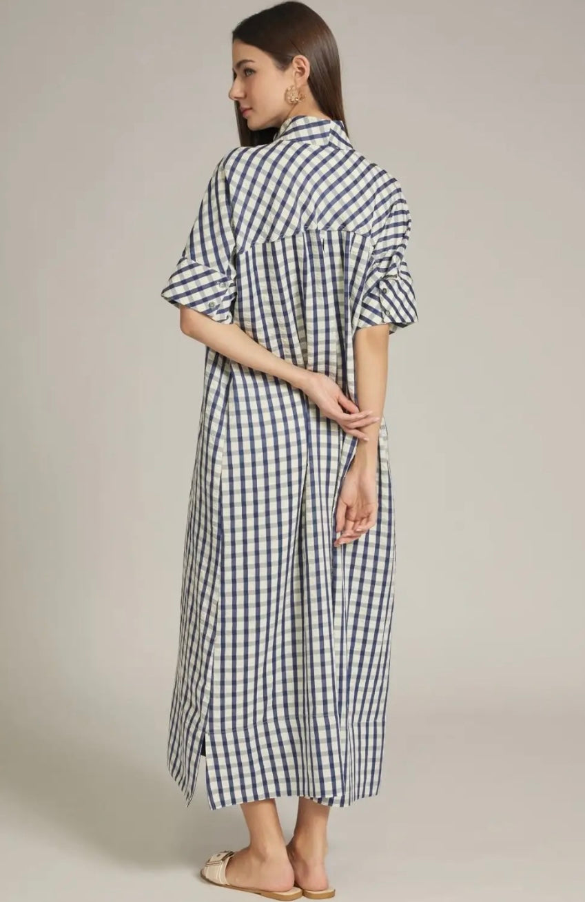 Tess Gingham Midi Dress- Navy